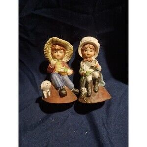 Vintage Country Boy & Girl With Puppies Hand Painted Porcelain Bisque Bells